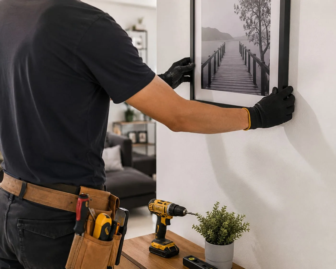 Fixação de quadro na parede com marcação nivelada