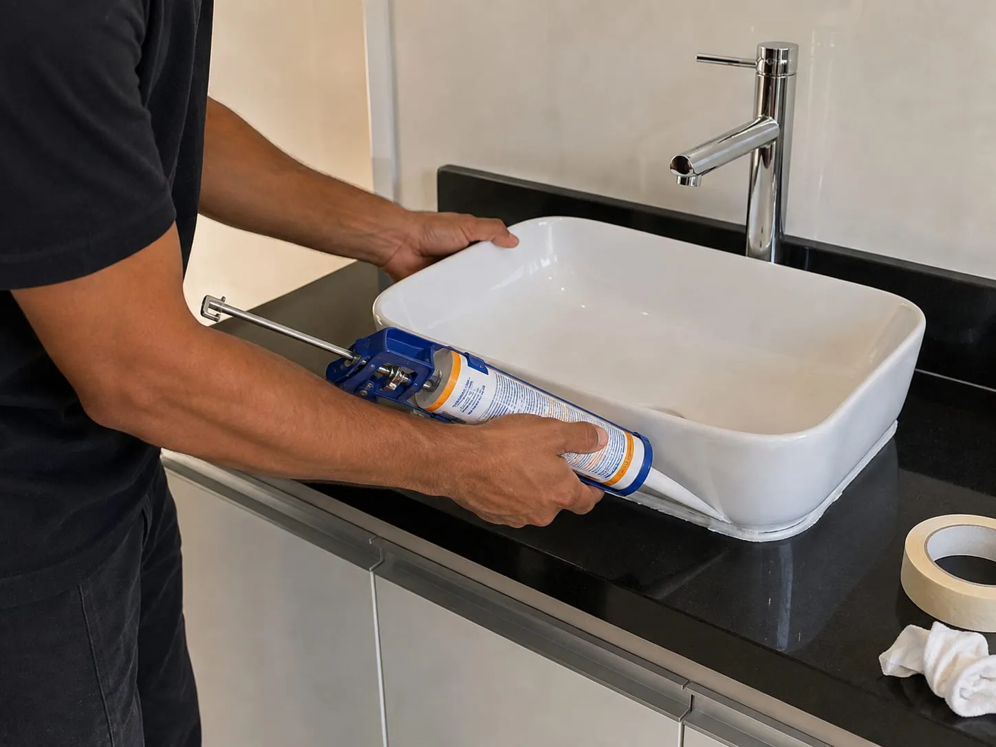 Aplicação de silicone para vedação em cuba de banheiro